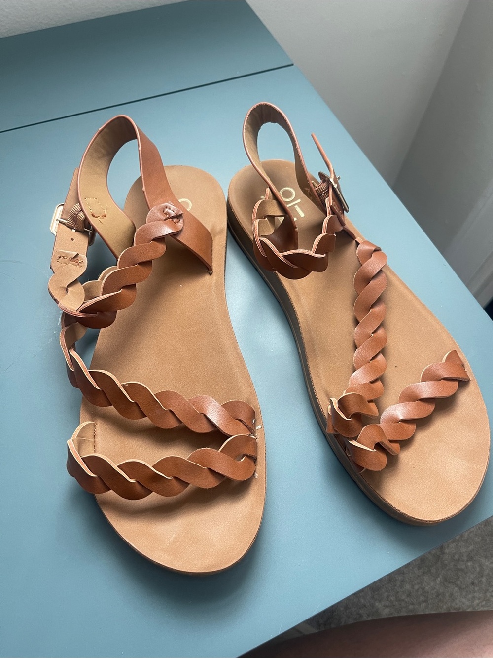 Yoki Braided Strap Tan Leather-Look Sandals